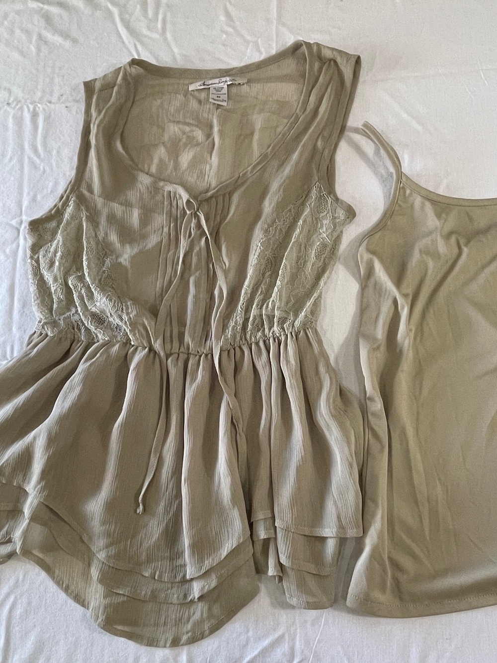 Crinkle & Lace,2 Piece Cute Semi Sheer, Sage Sleeveless Feminine Top w/Camisole